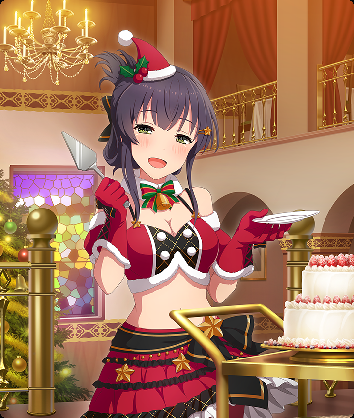 yanase mai, toji no miko, toji no miko: kizamishi issen no tomoshibi, game cg, official art, third-party source, 1girl, arch, balcony, bare shoulders, bell, bell bow, black hair, blush, bow, bowtie, breasts, cake, chair, chandelier, christmas, christmas ornaments, christmas tree, cleavage, cowboy shot, crop top, curtains, detached collar, dot nose, food, fruit, fur-trimmed gloves, fur-trimmed headwear, fur collar, fur trim, gloves, green bow, green bowtie, green eyes, hair ornament, hair rings, hairclip, half-closed eyes, hat, hat ornament, head tilt, holding, holding plate, holding spatula, holly hat ornament, indoors, large breasts, looking at viewer, medium hair, midriff, mini hat, navel, neck bell, open mouth, plate, pom pom (clothes), pushcart, railing, red gloves, red skirt, restaurant, santa hat, sidelocks, single hair ring, skirt, smile, solo, spatula, stained glass, star (symbol), star hair ornament, star ornament, strawberry, strawberry cake, striped bow, striped bowtie, striped clothes, table, tablecloth