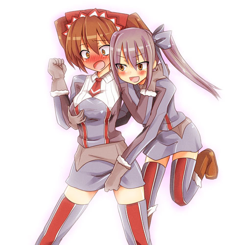 alto realize, alicia melchiott, edy nelson, senjou no valkyria, senjou no valkyria (series), senjou no valkyria 1, lowres, 00s, 2girls, blush, breasts, brown eyes, brown hair, grabbing another's breast, grey hair, groping, long hair, military, military uniform, molestation, multiple girls, smile, surprised, thighhighs, twintails, yuri