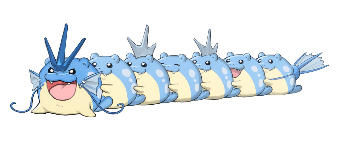 gyarados, spheal, nintendo, pokemon, commentary request, air bubble, akinatan58255, animal focus, bubble, closed eyes, closed mouth, cosplay, fangs, gen 1 pokemon, gen 3 pokemon, gyarados (cosplay), no humans, open mouth, pokemon (creature), pokemon focus, reflection, reflective liquid, seal (animal), simple background, smile, tail, water, whiskers, white background