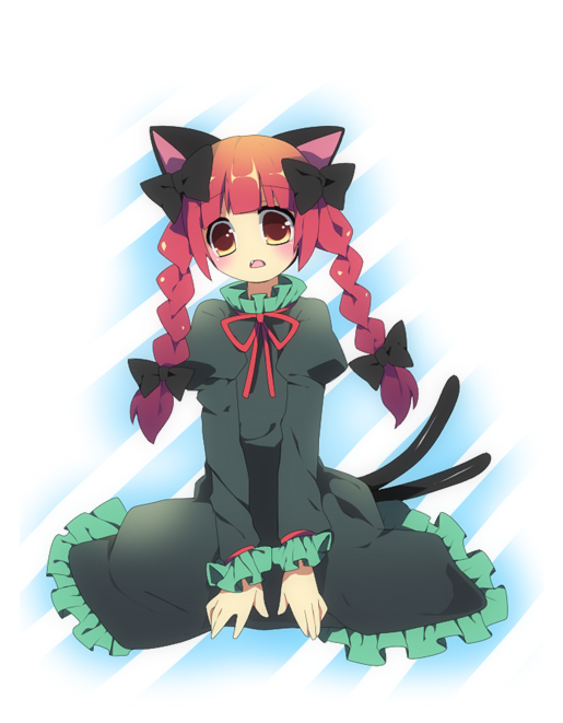 soranagi, kaenbyou rin, touhou, bad id, bad pixiv id, 1girl, animal ears, braid, cat ears, cat girl, cat tail, female focus, hair ribbon, multiple tails, red eyes, red hair, ribbon, short hair, sitting, solo, tail, twin braids, twintails, white background