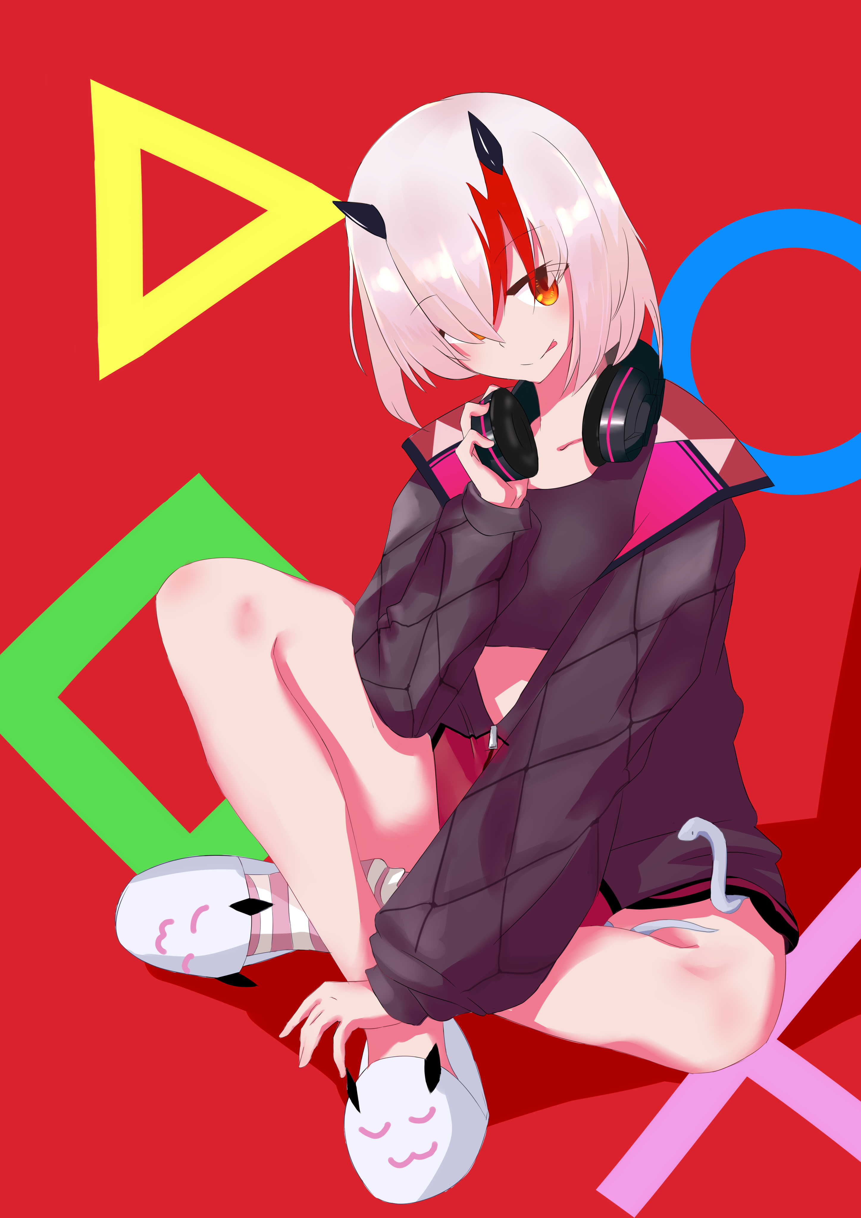 utsutsu yomi, indie virtual youtuber, original, absurdres, commentary request, highres, 1girl, black jacket, black shirt, crop top, crossed ankles, headphones, headphones around neck, horns, jacket, looking at viewer, multicolored hair, open clothes, open jacket, orange eyes, red background, red hair, shirt, short hair, sitting, slippers, smile, snake, socks, solo, streaked hair, striped clothes, striped socks, tongue, tongue out, virtual youtuber, white hair, zakuro (pixiv52692213), zipper