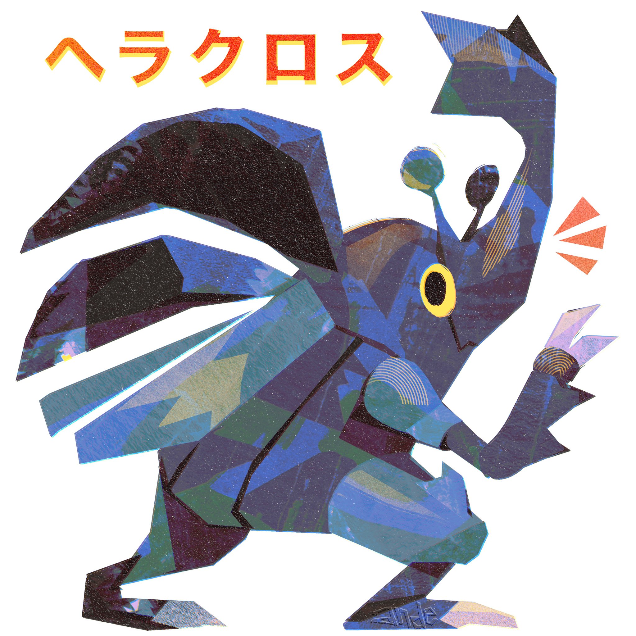 andewitt, heracross, nintendo, pokemon, commentary, english commentary, highres, beetle, bug, claws, colored sclera, gen 2 pokemon, horns, insect, insect wings, looking at viewer, no humans, pokemon (creature), pokemon focus, single horn, wings, yellow sclera