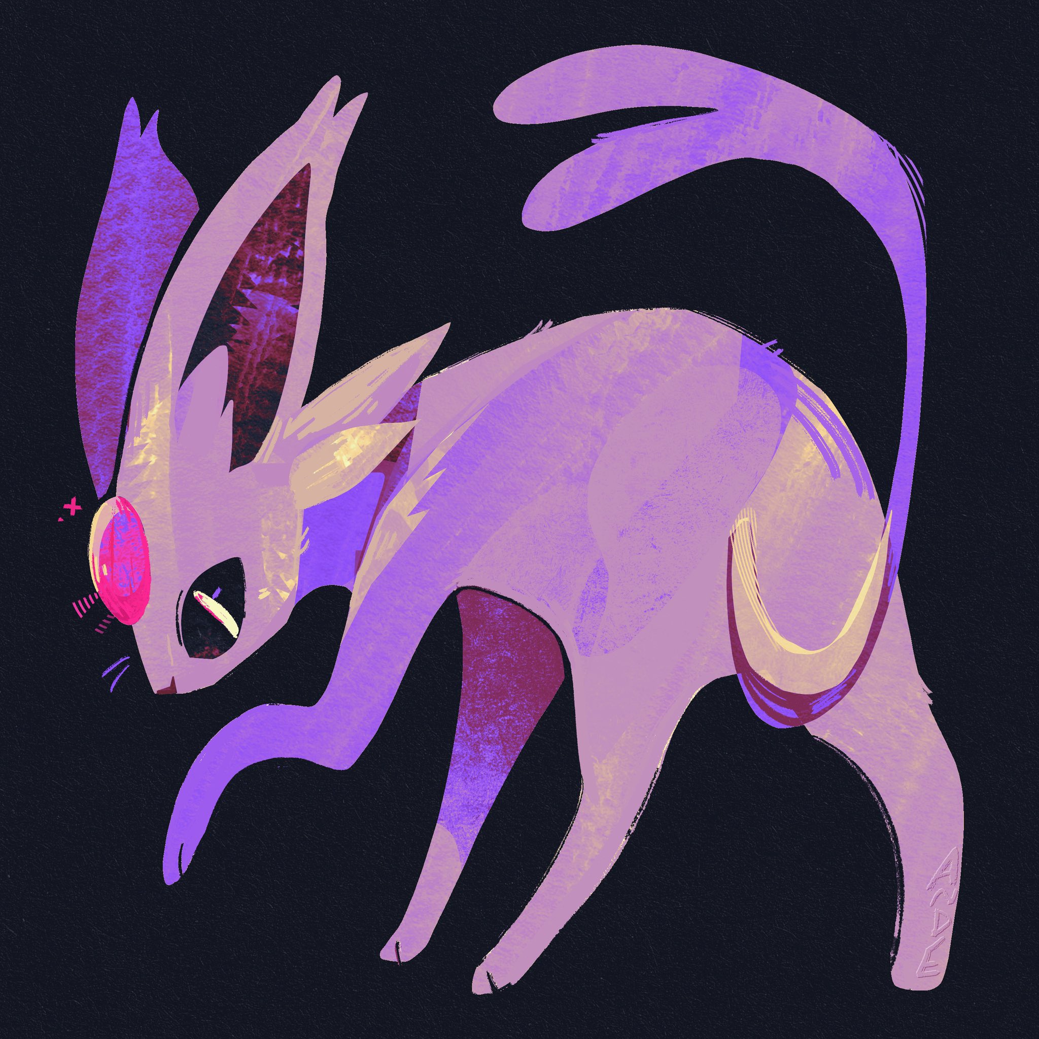 andewitt, espeon, nintendo, pokemon, commentary, english commentary, highres, animal focus, black background, forehead jewel, forked tail, full body, gem, gen 2 pokemon, no humans, pokemon (creature), pokemon focus, purple fur, red gemstone, simple background, solo, tail
