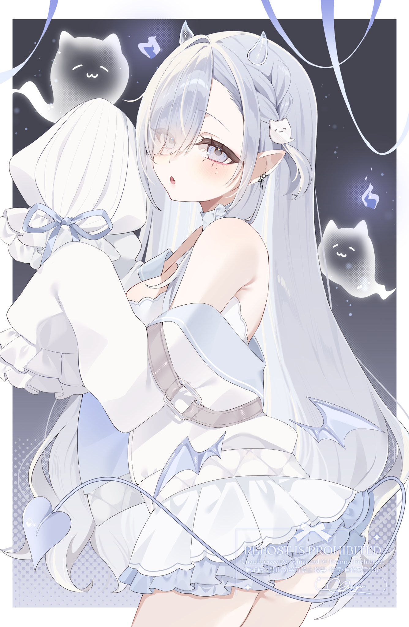 yu o015, original, commentary request, highres, 1girl, armpit crease, bare shoulders, blush, border, braid, breasts, cowboy shot, demon girl, demon horns, demon tail, demon wings, dress, ghost, ghost pose, grey background, grey eyes, grey hair, hair over one eye, horns, long hair, long sleeves, medium breasts, open mouth, outside border, parted bangs, pointy ears, short dress, sleeves past fingers, sleeves past wrists, solo, tail, white border, white dress, wings