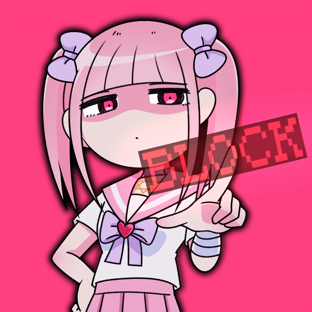 ezaki bisuko, menhera-chan (ezaki bisuko) (character), menhera-chan (ezaki bisuko), commentary request, 1girl, bandaged arm, bandages, black eyes, blunt bangs, bow, bowtie, choker, closed mouth, english text, expressionless, hair bow, hand on own hip, heart, hexagram, jewelry, jitome, necklace, outer glow, pink background, pink hair, pink pupils, pink sailor collar, pink skirt, pink theme, purple bow, purple bowtie, purple choker, sailor collar, school uniform, serafuku, shaded face, short twintails, sidelocks, simple background, skirt, solo, star of david, twintails, upper body, white serafuku