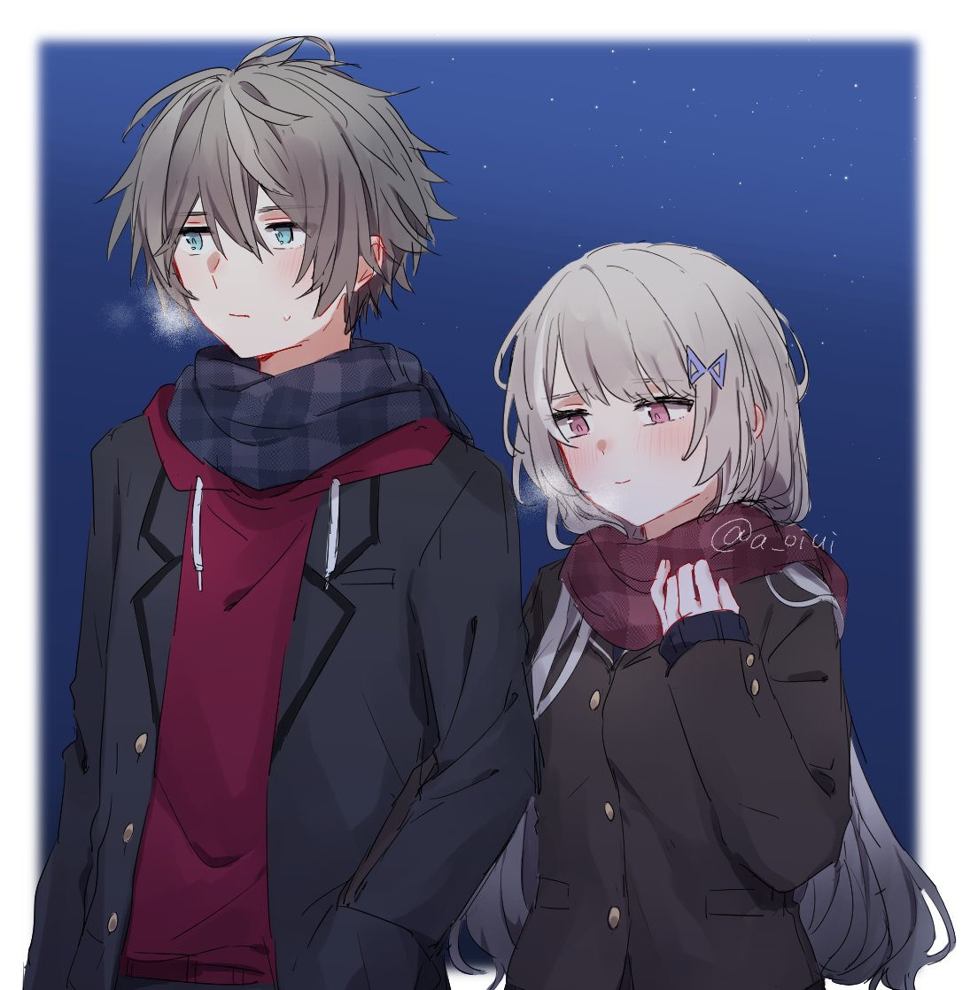 a oiui, ana schariac, owl (honkai impact), honkai (series), honkai impact 3rd, commentary request, 1boy, 1girl, black coat, black hair, black scarf, blue eyes, blue sky, border, coat, grey hair, long hair, purple eyes, purple scarf, purple shirt, scarf, shirt, short hair, sky, smile, snowing, twitter username, very long hair, white border