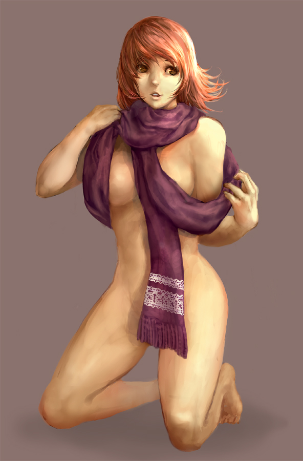 minoo, original, bad id, bad pixiv id, 1girl, breasts, censored, convenient censoring, dorsiflexion, female focus, knees apart feet together, matching hair/eyes, medium breasts, naked scarf, nude, orange eyes, orange hair, scarf, scarf over breasts, solo