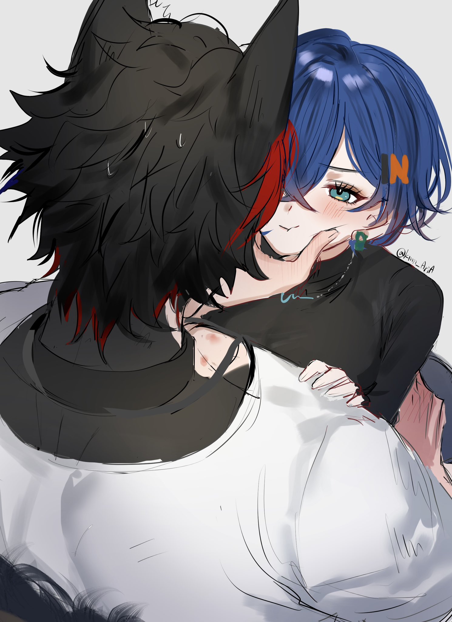 belle (zenless zone zero), komano manato, zenless zone zero, commentary request, highres, 1boy, 1girl, ^^^, animal ears, black hair, black shirt, blue hair, blush, cheek squash, closed mouth, collar, crossed bangs, dog boy, dog ears, earrings, from above, from behind, green eyes, grey background, hair between eyes, hair ornament, hand on another's chest, hetero, jewelry, letter hair ornament, looking at viewer, min (kmn aria), multicolored hair, necklace, no jacket, red hair, shirt, short hair, simple background, sweat, twitter username, white shirt