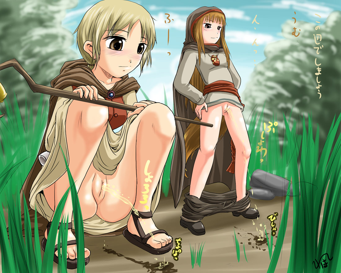homare (suzu no oka), holo, nora arento, spice and wolf, translated, !, 00s, 2girls, cleft of venus, feet, multiple girls, no panties, pee, peeing, peeing contest, peeing together, pussy, sandals, shoes, squatting, standing, uncensored