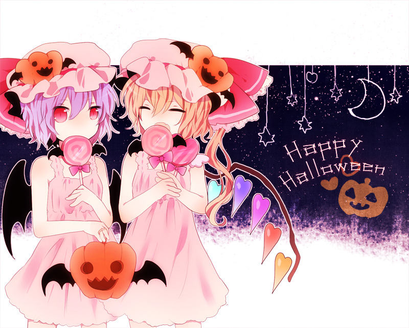 miyako (xxxbibit), myk, flandre scarlet, remilia scarlet, touhou, light purple hair, bad id, bad pixiv id, 2girls, bat wings, blonde hair, female focus, food-themed hair ornament, hair ornament, halloween, happy halloween, hat, jack-o'-lantern, multiple girls, ponytail, pumpkin, pumpkin hair ornament, red eyes, short hair, siblings, side ponytail, sisters, wings
