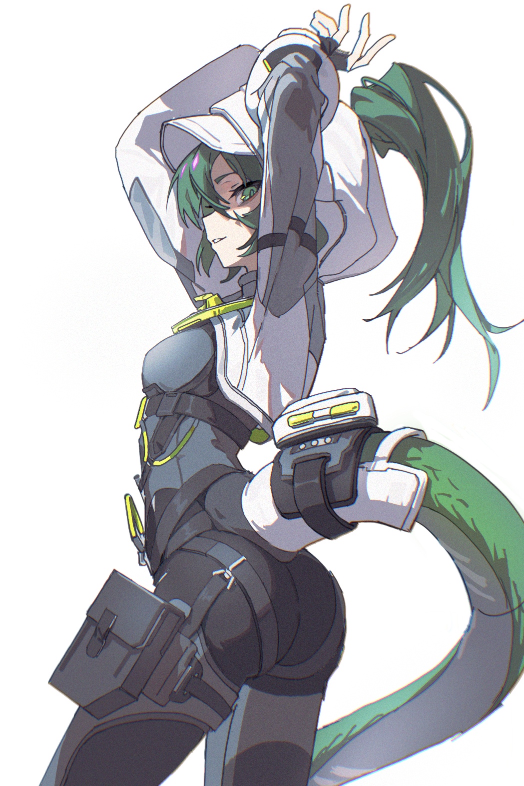 fluorite (arknights), arknights, arknights: endfield, commentary request, highres, 1girl, 5e3d45880000000001002473, ass, bodysuit, boots, breasts, green eyes, green hair, grey bodysuit, holster, hood, hoodie, looking at viewer, looking to the side, medium breasts, ponytail, simple background, solo, thigh holster, white background, white boots, white hoodie