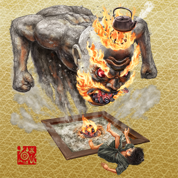 aku bouzu, original, commentary request, 2boys, :o, ashes, barefoot, black hair, black kimono, clenched hands, colored skin, embers, eye contact, fire, grey skin, japanese clothes, kimono, looking at another, male focus, multiple boys, nanbakibi, red eyes, smoke, teapot, traditional youkai