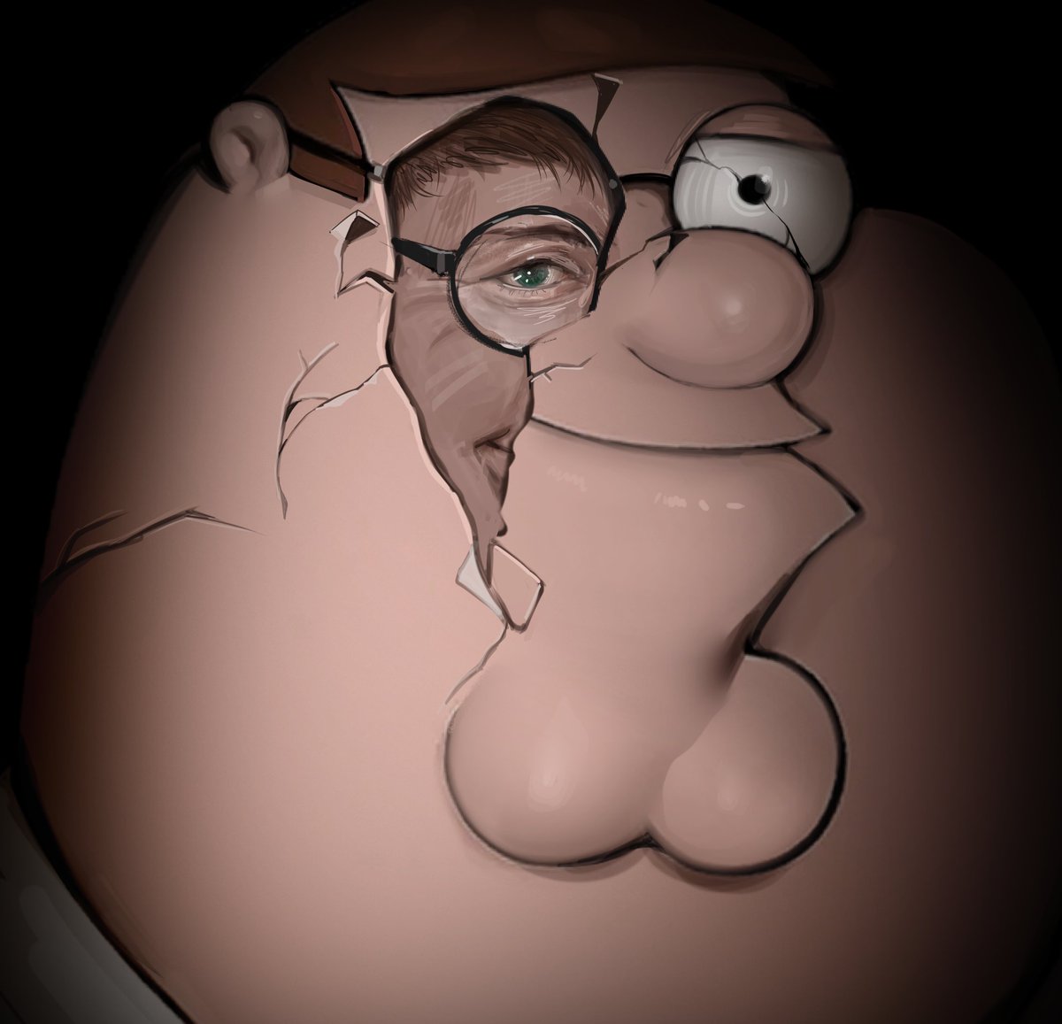 kowai (iamkowai), peter griffin, family guy, commentary, english commentary, 1boy, black-framed eyewear, broken mask, brown hair, cleft chin, crack, cracked kawaii mask, glasses, looking at viewer, male focus, mask, portrait, realistic, round eyewear, shirt, smile, solo, vignetting, white shirt