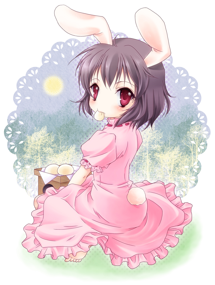 0-error-0, mikasa haruna, inaba tewi, touhou, bad id, bad pixiv id, 1girl, animal ears, artistic error, barefoot, black hair, dress, eating, female focus, from behind, looking back, rabbit ears, rabbit girl, rabbit tail, red eyes, short hair, solo, tail