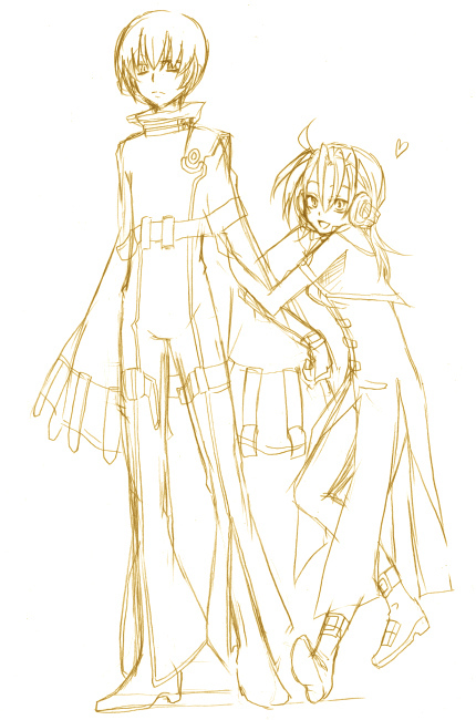 drawfag, c.c., mao (code geass), code geass, 1boy, 1girl, boots, breasts, brown theme, cosplay, genderswap, genderswap (ftm), genderswap (mtf), gloves, headset, heart, high heels, long hair, monochrome, shoes, short hair, small breasts, smile