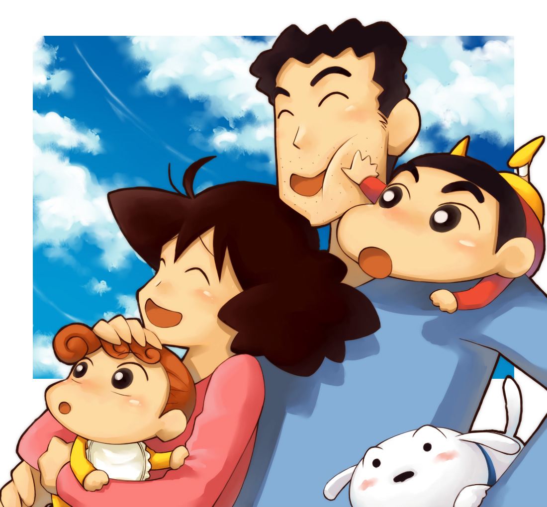 hg777, shiina yuuto, nohara himawari, nohara hiroshi, nohara misae, nohara shinnosuke, shiro (shin-chan), usui yoshito, crayon shin-chan, bad id, bad pixiv id, 2boys, 2girls, age difference, brown hair, child, day, dog, family, father and daughter, father and son, happy, mature female, mother and daughter, mother and son, multiple boys, multiple girls, open mouth, sky