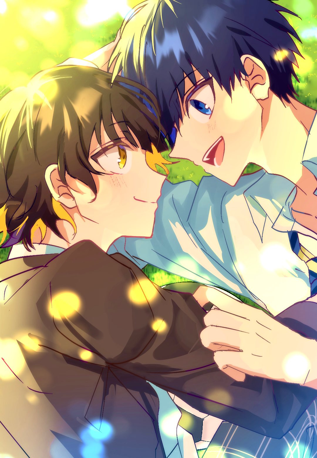mma runn, bachira meguru, isagi yoichi, blue lock, commentary request, highres, 2boys, black hair, blonde hair, blue eyes, blue hair, blush, closed mouth, eye contact, looking at another, loose necktie, lying, male focus, multicolored hair, multiple boys, necktie, on grass, on side, open mouth, shirt, two-tone hair, upper body, white shirt, yaoi