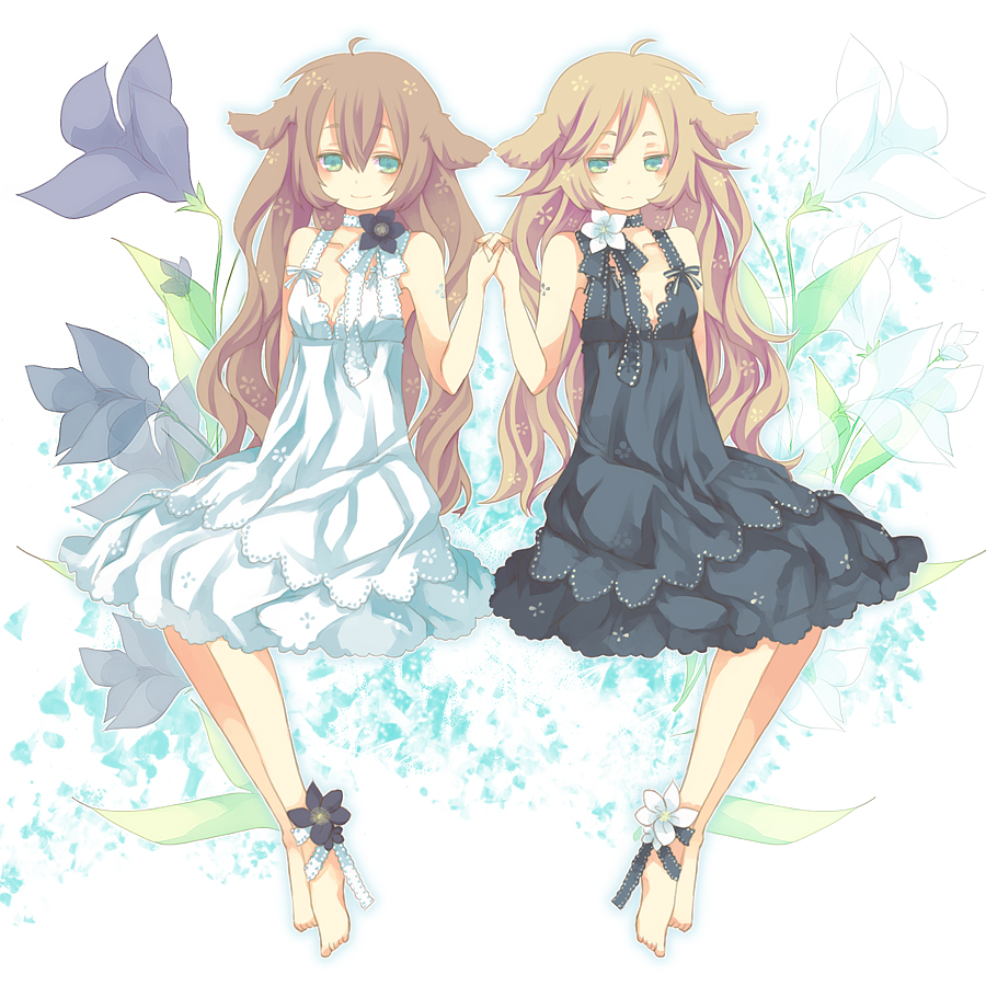 aruya (flosrota), original, bad id, bad pixiv id, 2girls, :<, animal ears, anklet, aqua eyes, barefoot, black vs white, blonde hair, blush, breasts, brown hair, cleavage, dress, floral background, flower, holding hands, jewelry, leg ribbon, medium breasts, multiple girls, ribbon, siblings, sisters, smile, tattoo, twins
