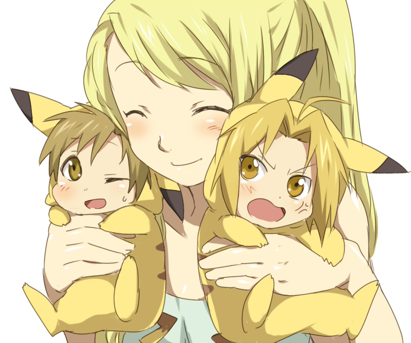 maruki (punchiki), alphonse elric, edward elric, pikachu, winry rockbell, fullmetal alchemist, nintendo, pokemon, bad id, 1girl, 2boys, ;d, ^ ^, blonde hair, blush, chibi, closed eyes, cosplay, costume, gen 1 pokemon, holding, multiple boys, one eye closed, open mouth, pikachu (cosplay), smile, sweatdrop, yellow eyes