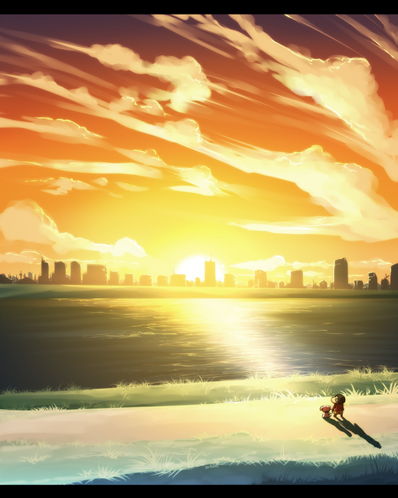 nekomamire, nohara shinnosuke, shiro (shin-chan), usui yoshito, crayon shin-chan, 1boy, child, city, cloud, dog, letterboxed, outdoors, river, scenery, short hair, sky, sunset, water