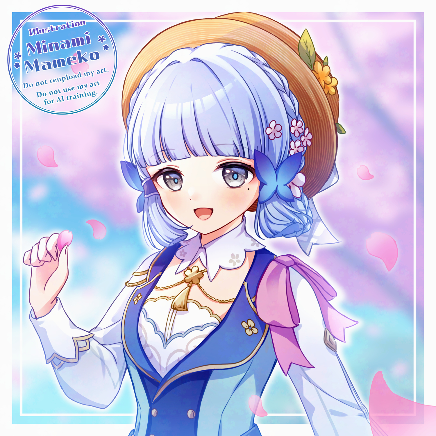 mameko minami, ayaka (genshin impact), kamisato ayaka, kamisato ayaka (springbloom missive), genshin impact, commentary request, highres, revision, 1girl, blue hair, blunt tresses, blush, falling petals, grey eyes, hand up, hat, long sleeves, looking at viewer, mole, mole under eye, official alternate costume, open mouth, petals, sidelocks, solo, upper body, watermark