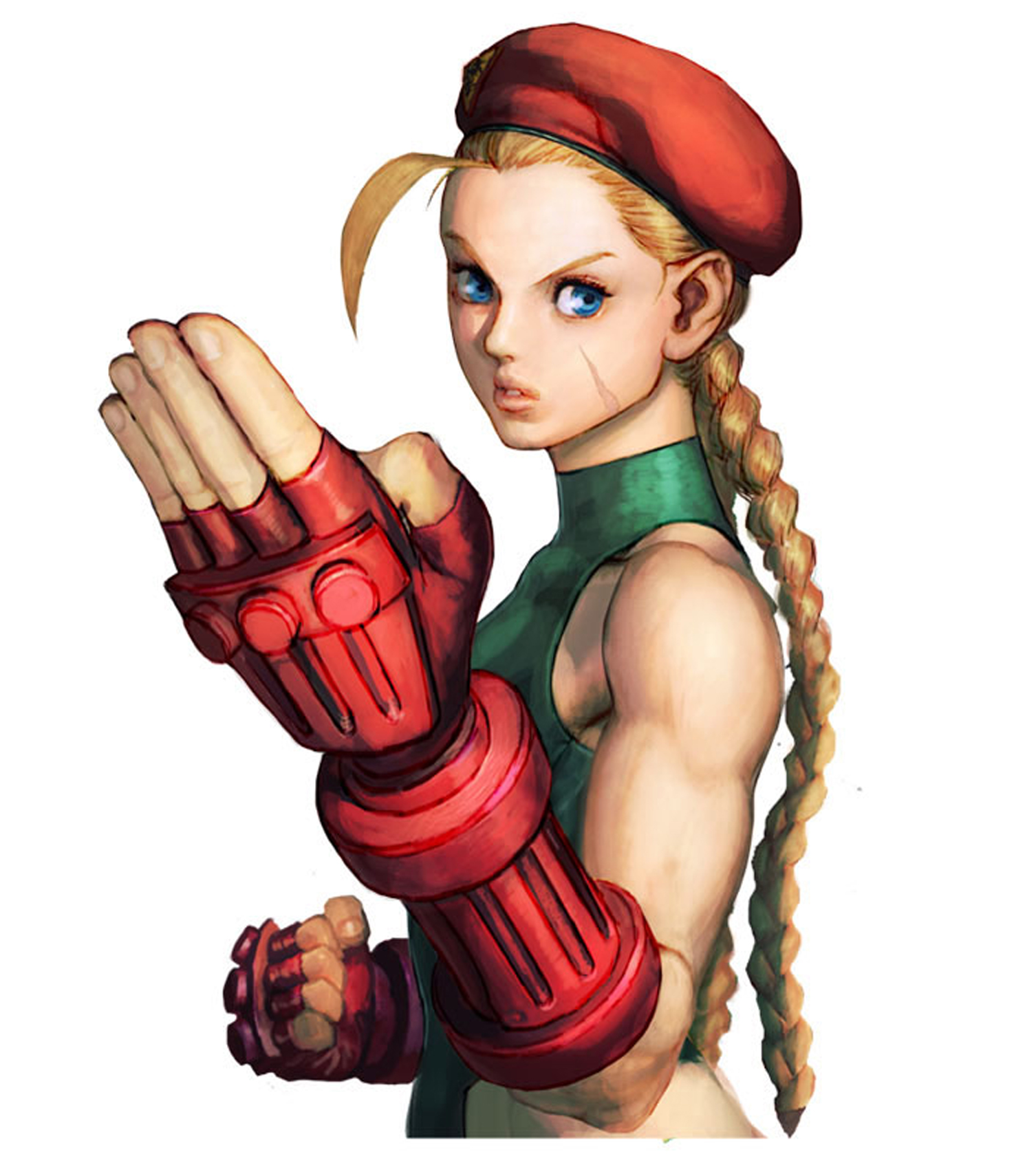 ikeno daigo, cammy white, capcom, street fighter, street fighter iv (series), highres, official art, 1girl, ahoge, beret, blonde hair, blue eyes, braid, female focus, fighting stance, fingerless gloves, gauntlets, gloves, green leotard, hat, highleg, highleg leotard, huge ahoge, leotard, long hair, muscular, ponytail, red gloves, red hat, scar, solo, twin braids