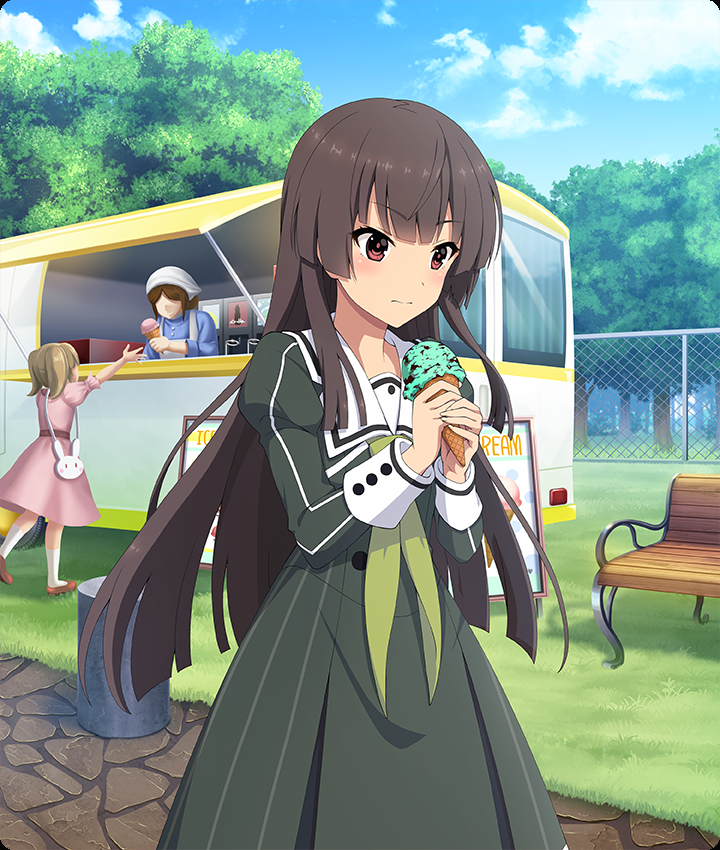 juujou hiyori, toji no miko, toji no miko: kizamishi issen no tomoshibi, game cg, official art, third-party source, 3girls, animal bag, apron, bag, bench, blue shirt, blue sky, blunt ends, blush, brown hair, chain-link fence, closed mouth, cloud, day, dot nose, dress, faceless, faceless female, fence, food truck, grass, green dress, handbag, heijou institute school uniform, holding, holding ice cream cone, ice cream cone, long hair, long sleeves, multiple girls, outdoors, park bench, pink dress, purple eyes, rabbit bag, sailor collar, school uniform, shirt, sidelocks, sign, sky, solo focus, stone walkway, tree, white apron, white bag, white headdress, white sailor collar, wooden bench