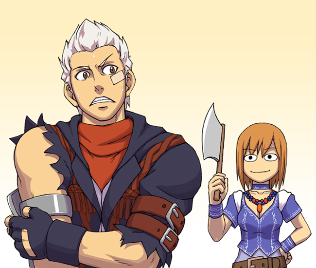 jimo (78930204), gene (god hand), olivia (god hand), capcom, god hand, 1boy, 1girl, axe, bandages, belt, brown eyes, brown hair, crossed arms, fingerless gloves, gloves, jewelry, necklace, short hair, weapon, white hair, wristband