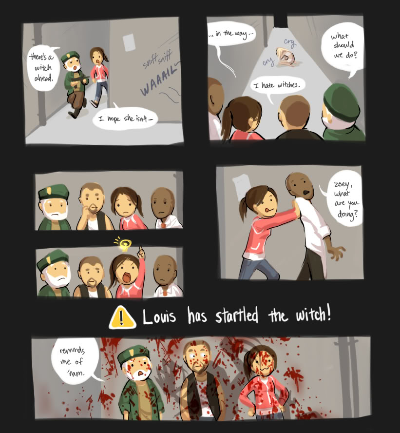 bill (left4dead), francis (left4dead), louis (left4dead), witch (left4dead), zoey (left4dead), left 4 dead, left 4 dead 1, hard-translated, third-party edit, 2girls, 3boys, :3, blood, english text, idea, multiple boys, multiple girls, shadow