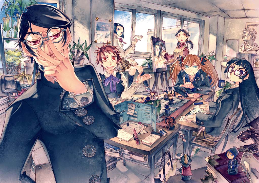 yoshida tooru, original, tabletop rpg, 1boy, 5girls, absurdly detailed composition, adjusting eyewear, art brush, canvas (object), classroom, clubroom, dice, easel, glasses, loaded interior, mechanical pencil, multiple girls, paint palette, paintbrush, pencil, plant, playing games, potted plant, roomscape, school, school uniform, statue, wide shot, wooden pencil