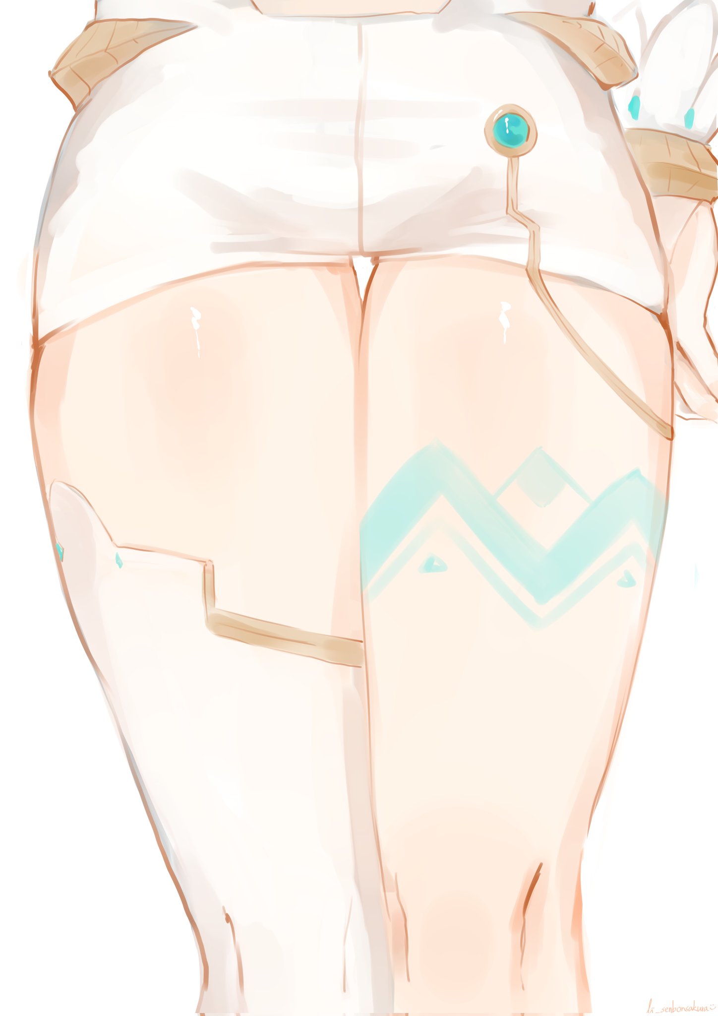 li senbonsakura, venti (archon) (genshin impact), venti (genshin impact), genshin impact, commentary, highres, symbol-only commentary, 1boy, leg tattoo, legs, legs folded, lower body, male focus, shiny skin, short shorts, shorts, simple background, solo, tattoo, thigh gap, thighs, white background, white shorts
