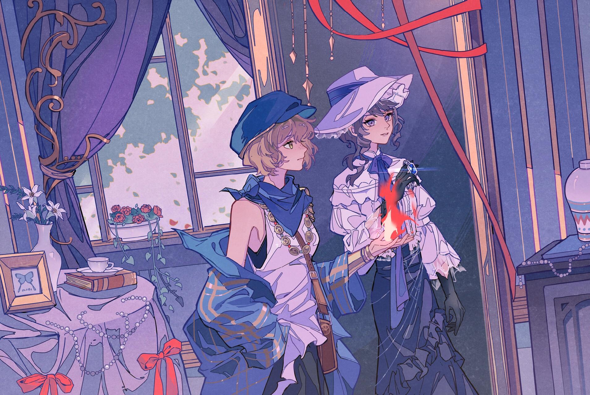 reverse:1999, commentary request, highres, 2girls, bare shoulders, black gloves, black skirt, blonde hair, blue coat, blue hat, blue neckerchief, brown hair, brume (reverse:1999), coat, curtains, different reflection, felicienne (reverse:1999), fire, flower, from side, gem, gloves, hat, holding, holding gem, indoors, long skirt, mirror, moriila, multiple girls, neckerchief, newsboy cap, off shoulder, open clothes, open coat, picture frame, profile, purple eyes, pyrokinesis, red flower, reflection, round table, shirt, short hair, skirt, table, tablecloth, tank top, upper body, vase, white flower, white hat, white shirt, white tank top, window, yellow eyes