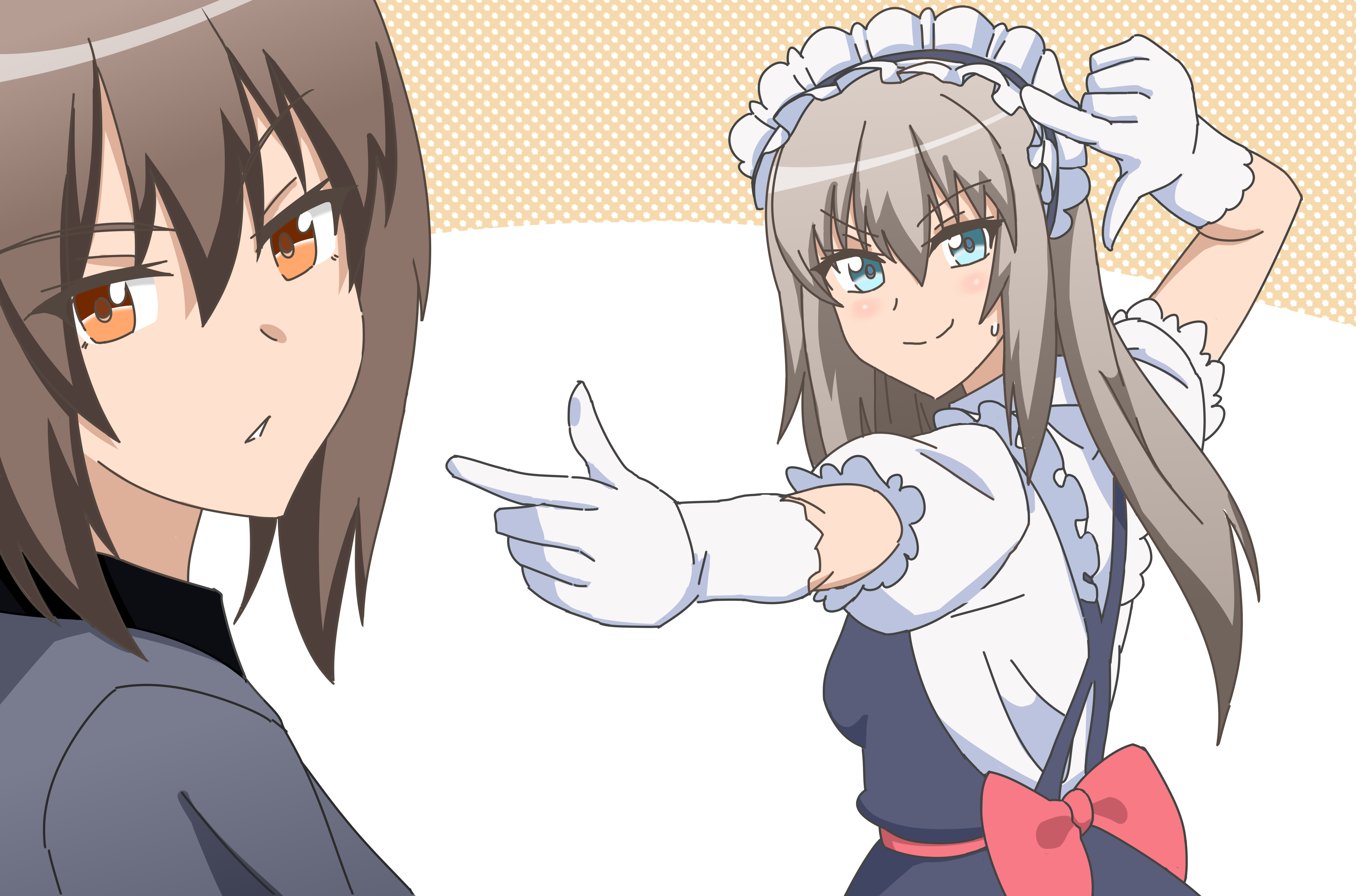 itsumi erika, kobayashi (maidragon), nishizumi maho, tohru (maidragon), girls und panzer, kobayashi-san chi no maidragon, absurdres, commentary request, highres, 2girls, alternate costume, apron, back bow, blonde hair, blue dress, blush, bow, breasts, brown eyes, cosplay, dress, elbow gloves, enmaided, gloves, grey shirt, kuromorimine school uniform, large breasts, long hair, maid, maid apron, maid headdress, multiple girls, pointing, pointing at another, puffy short sleeves, puffy sleeves, red bow, scene reference, school uniform, shirt, short hair, short sleeves, smile, teeth, tohru (maidragon) (cosplay), two draw, white gloves, white shirt, wing collar