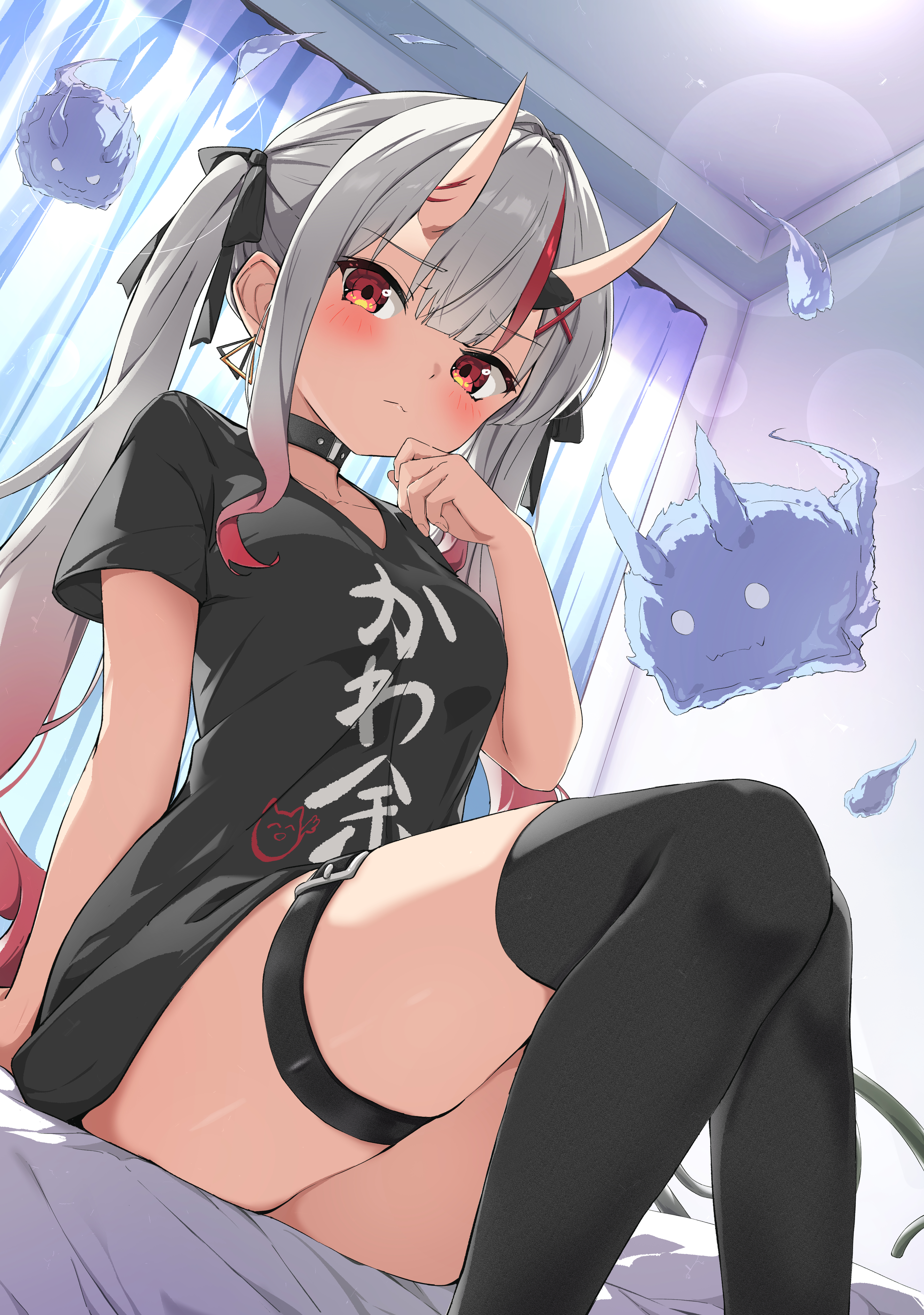 fumi (fumibeing), karma (nakiri ayame), nakiri ayame, shiranui (nakiri ayame), hololive, absurdres, commentary, highres, 1girl, alternate costume, bedroom, belt, black choker, black shirt, black thighhighs, blush, breasts, center-flap bangs, choker, closed mouth, clothes writing, curtains, earrings, embarrassed, feet out of frame, from below, frown, furrowed brow, ghost, gradient hair, grey hair, hair intakes, hitodama, horn ornament, horn ribbon, horns, indoors, jewelry, lens flare, long hair, looking at viewer, medium breasts, multicolored hair, on bed, oni, red eyes, red hair, ribbon, shirt, short sleeves, sidelocks, sitting, skin-covered horns, solo, streaked hair, thigh belt, thigh strap, thighhighs, thighs, triangle earrings, twintails, two-tone hair, virtual youtuber, window