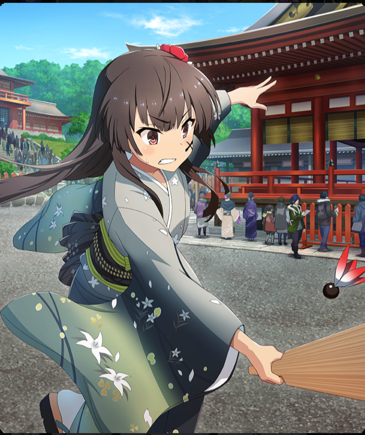juujou hiyori, toji no miko, toji no miko: kizamishi issen no tomoshibi, game cg, official art, resized, third-party source, upscaled, 4others, 5girls, architecture, blunt ends, blush, brown hair, clenched teeth, crowd, dot nose, east asian architecture, facepaint, floral print, floral print kimono, flower, furisode, green kimono, green sash, hagoita, hair flower, hair ornament, hane (hanetsuki), hanetsuki, holding, holding paddle, japanese clothes, kimono, long hair, long sleeves, multiple girls, multiple others, new year, obi, paddle, playing games, print kimono, red eyes, red flower, ringed eyes, sandals, sash, shrine, sidelocks, small sweatdrop, socks, solo focus, stairs, standing, standing on one leg, teeth, torii, white socks, wide sleeves