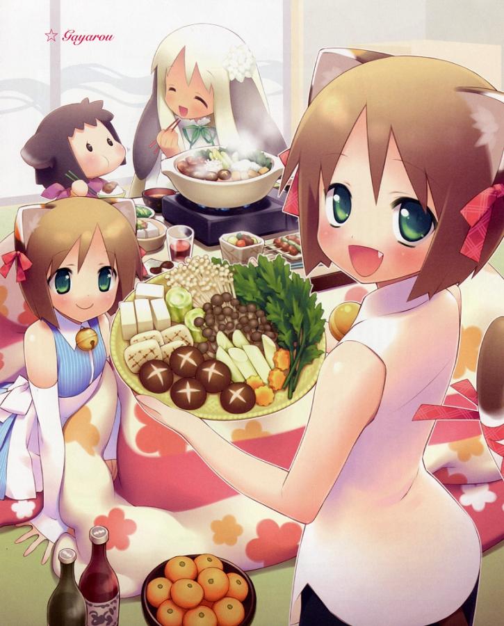 gayarou, kacchi (moko moko box), mame (moko moko box), rabi (moko moko box), moko moko box, plaid, jpeg artifacts, official art, 4girls, :d, :t, ^ ^, animal ears, arm support, artist name, bare shoulders, bell, black hair, blush, bob cut, bottle, bow, bowl, brown hair, cat ears, cat tail, chibi, chibi inset, chopsticks, closed eyes, cup, dark-skinned female, dark skin, dress, drink, drinking glass, eating, elbow gloves, fang, fingerless gloves, flat chest, food, fusuma, gloves, green eyes, grill, hair bow, happy, holding, hotpot, indoors, jingle bell, kotatsu, light smile, long sleeves, looking at another, looking at viewer, looking back, multiple girls, nabe, open mouth, parted bangs, plate, rabbit ears, ribbon, scarf, shichirin, shirt, short hair, sidelocks, sitting, sleeveless, sleeveless shirt, sliding doors, smile, standing, steam, table, tail, tail ornament, tail ribbon, tatami, white dress, white gloves, white hair, wing collar