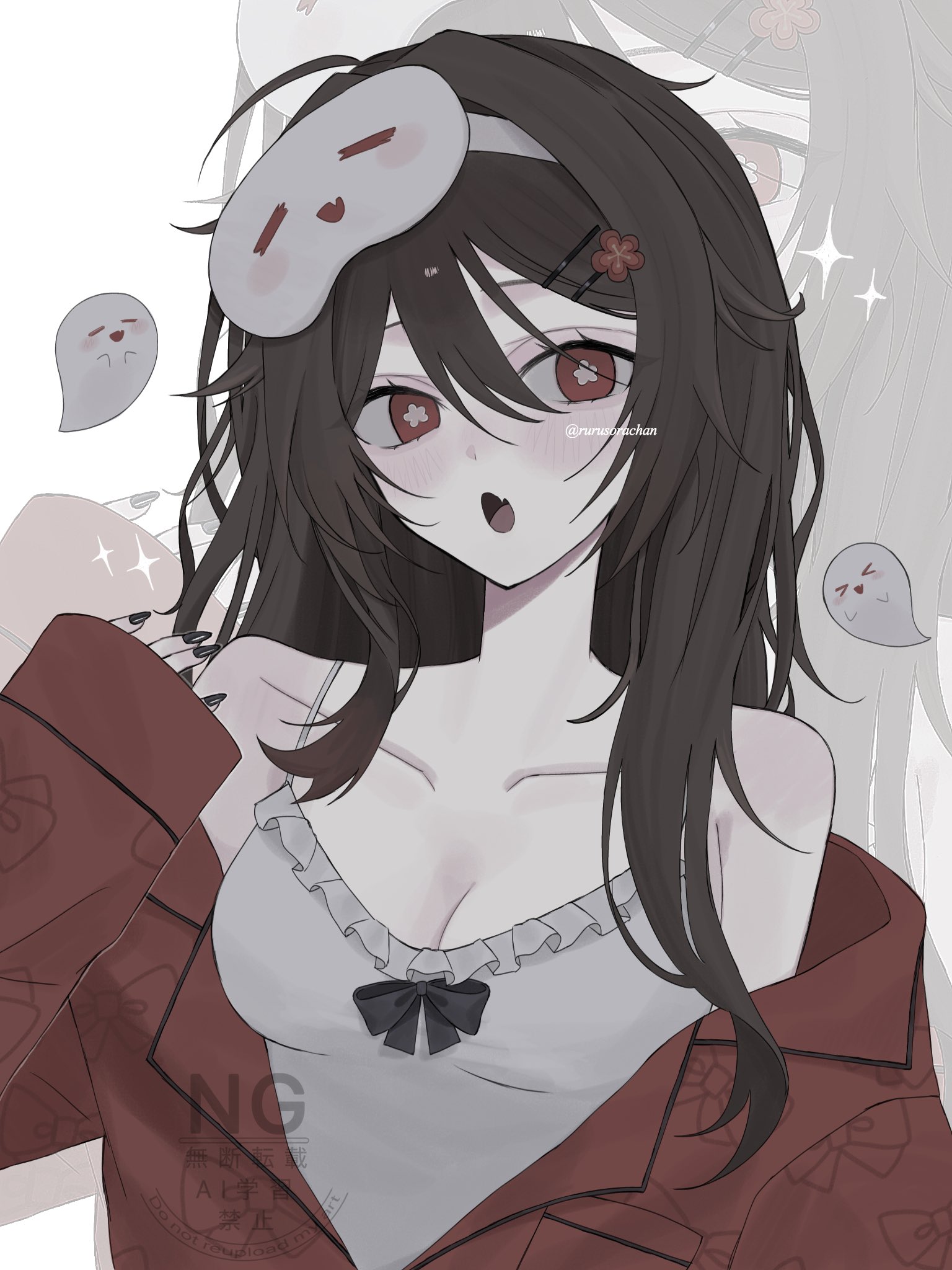 rurusorachan, boo tao (genshin impact), hu tao (genshin impact), genshin impact, mihoyo, commentary request, highres, 1girl, alternate costume, bare shoulders, black bow, black bowtie, black nails, blush, bow, bowtie, breasts, brown hair, camisole, collarbone, flower, flower-shaped pupils, flower hairpin, ghost, hair ornament, hairclip, long hair, open mouth, pajamas, plum blossoms, red eyes, single sleeve past wrist, sleep mask, sleepwear, small breasts, solo, spaghetti strap, sparkle, symbol-shaped pupils, white camisole