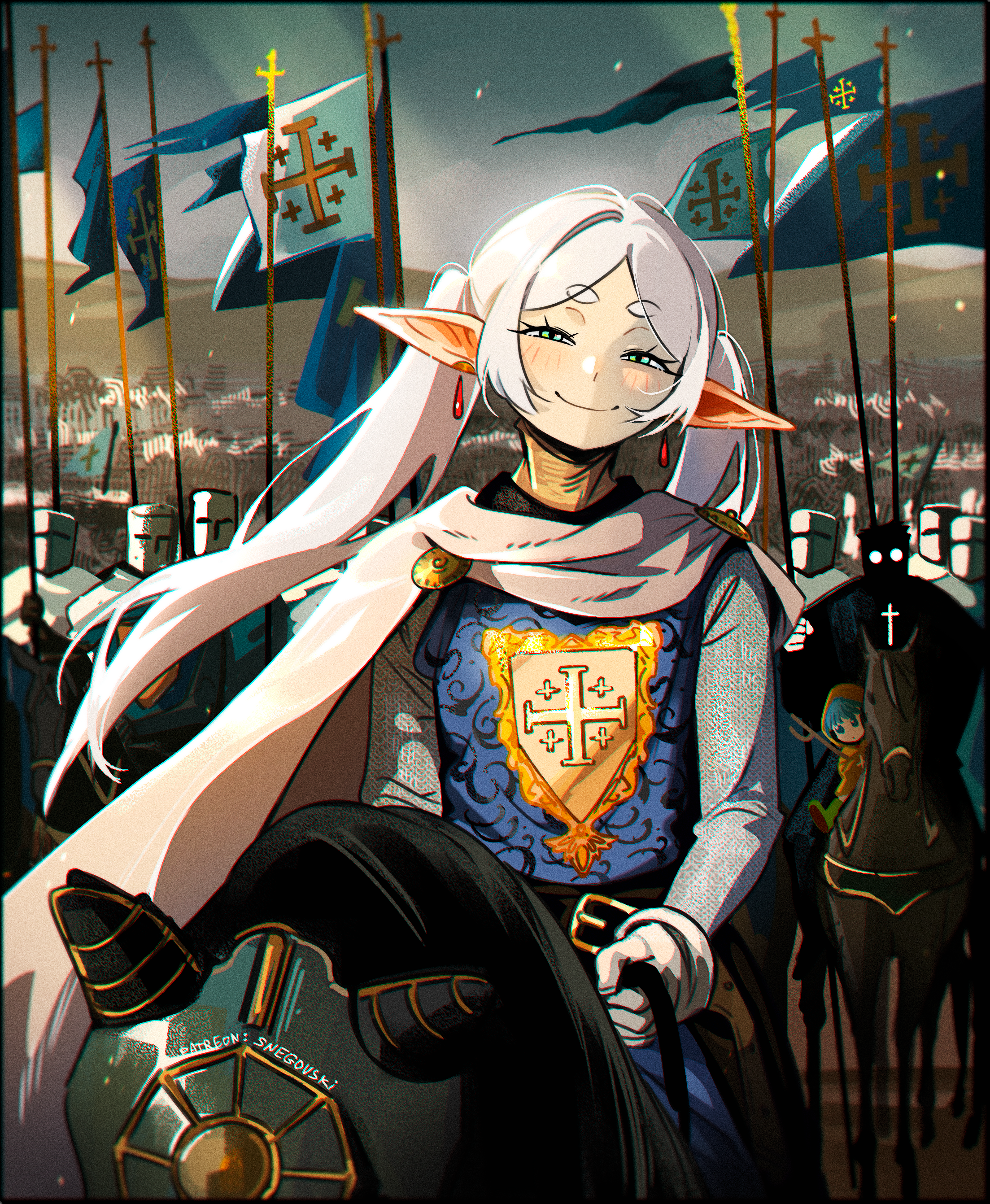 snegovski, alexander anderson, frieren, luce (jubilee 2025), hellsing, jubilee 2025, sousou no frieren, absurdres, commentary, english commentary, highres, 2girls, 6+others, armor, cape, closed mouth, cross, crossover, earrings, elf, green eyes, grey hair, half-closed eyes, helmet, hood, hood up, horse, horseback riding, jewelry, long hair, looking at viewer, multiple crossover, multiple girls, multiple others, outdoors, patreon username, pointy ears, raincoat, riding, round eyewear, smile, smug, thick eyebrows, twintails, yellow raincoat