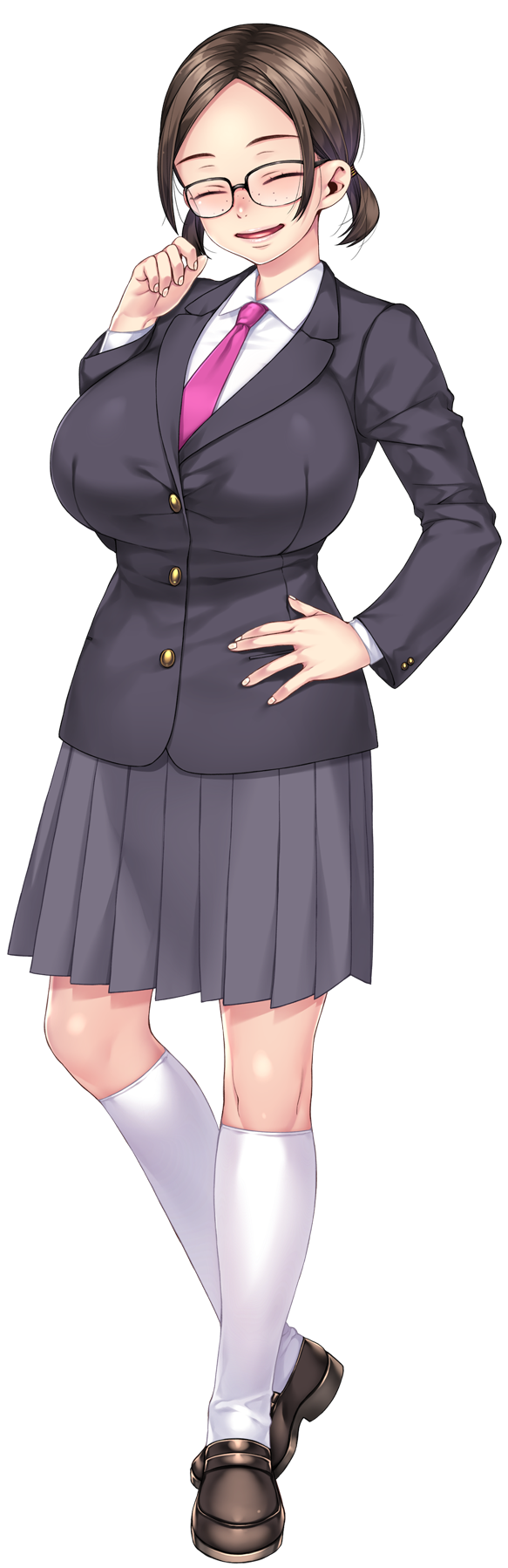 sumeragi kohaku, akihara shiho, sexfri osananajimi, 1girl, black jacket, blazer, breasts, brown hair, brown shoes, closed eyes, collared shirt, female focus, freckles, from side, full body, glasses, grey skirt, hand on own hip, hand up, happy, head tilt, high-waist skirt, huge breasts, jacket, kneehighs, knees, lapels, long sleeves, low twintails, medium skirt, necktie, open mouth, parted bangs, pleated skirt, purple necktie, shirt, shoes, short hair, short twintails, sidelocks, simple background, skirt, smile, socks, solo, taut clothes, transparent background, twintails, white shirt, white socks