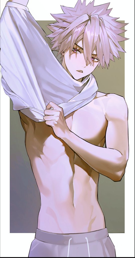 commentary request, korean commentary, 1boy, border, cross scar, dao8 33, dressing, grey background, grey hair, grey pants, hair between eyes, kanzaki kaoru, looking to the side, male focus, navel, outside border, pants, phantom busters, scar, scar across eye, scar on face, shirt, short hair, simple background, solo, sweatpants, upper body, white border, white shirt