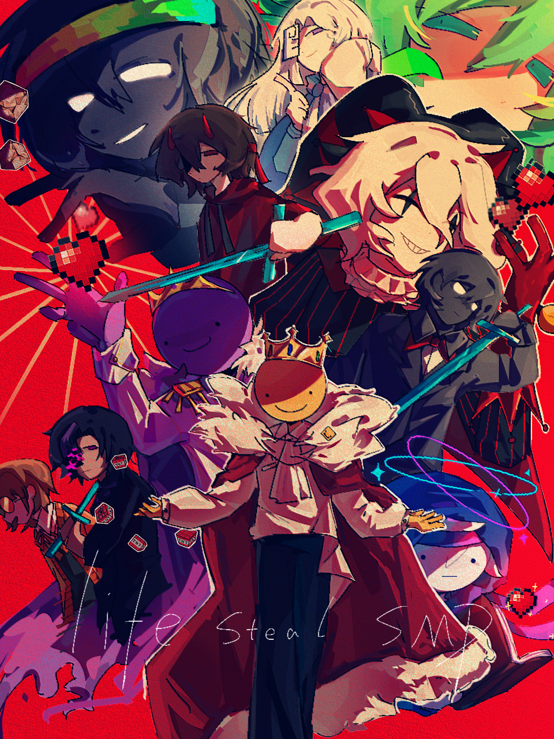 ashswag, clownpierce, mapicc, parrotx2, planetlord, princezam, roshambogames, spokeishere, lifesteal smp, minecraft, minecraft youtube, absurdres, chinese commentary, commentary request, highres, variant set, 1girl, 6+boys, animification, black hair, black skin, blank eyes, block (minecraft), brown hair, cape, closed eyes, colored skin, command block, copyright name, crown, everyone, explosive, fur-trimmed cape, fur trim, glasses, glitch, green hair, grin, halo, hat, heart, holding, holding sword, holding weapon, hood, hood down, hoodie, horns, jester, jester cap, long hair, looking at viewer, male focus, minecraft sword, multiple boys, mumou26925, neck ruff, one eye covered, ophanim halo, pixel heart, purple skin, red background, red cape, red hoodie, red horns, round eyewear, short hair, simple background, smile, smiley face, squiddo, sunglasses, sword, tnt, tnt block (minecraft), weapon, wemmbu, white hair, white skin, yellow skin