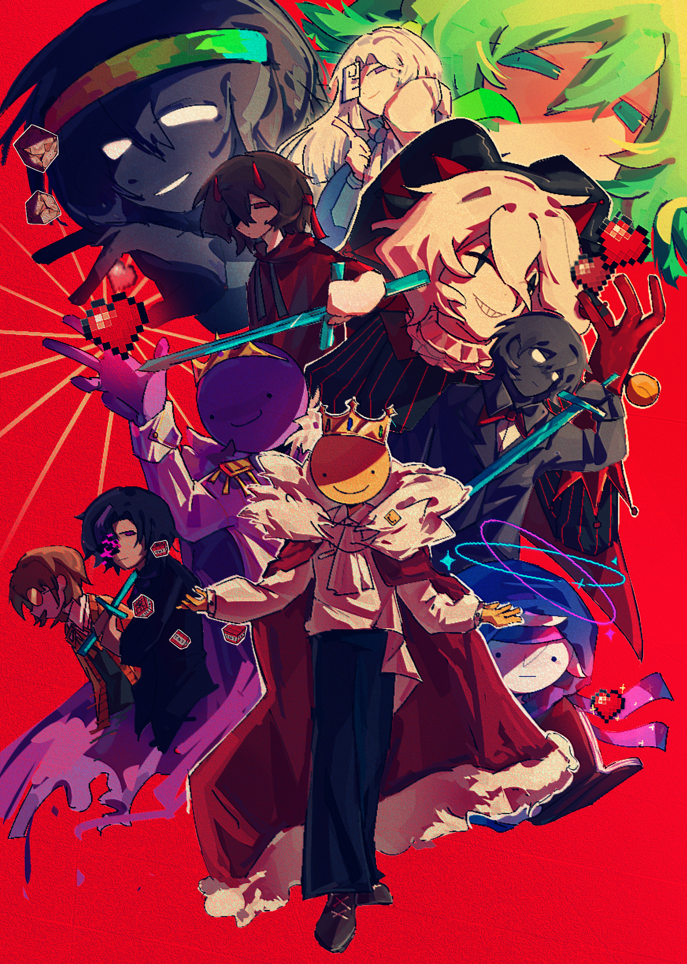 ashswag, clownpierce, mapicc, parrotx2, planetlord, princezam, roshambogames, spokeishere, lifesteal smp, minecraft, minecraft youtube, absurdres, chinese commentary, commentary request, highres, variant set, 1girl, 6+boys, animification, black hair, black skin, blank eyes, block (minecraft), brown hair, cape, closed eyes, colored skin, command block, crown, everyone, explosive, fur-trimmed cape, fur trim, glasses, glitch, green hair, grin, halo, hat, heart, holding, holding sword, holding weapon, hood, hood down, hoodie, horns, jester, jester cap, long hair, looking at viewer, male focus, minecraft sword, multiple boys, mumou26925, neck ruff, one eye covered, ophanim halo, pixel heart, purple skin, red background, red cape, red hoodie, red horns, round eyewear, short hair, simple background, smile, smiley face, squiddo, sunglasses, sword, tnt, tnt block (minecraft), weapon, wemmbu, white hair, white skin, yellow skin