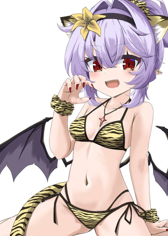akisome hatsuka, remilia scarlet, touhou, commentary request, 1girl, :d, animal ears, animal print, bat wings, bikini, black hairband, breasts, claw pose, collarbone, cross, cross necklace, floral print, flower, hair flower, hair ornament, hairband, jewelry, looking at viewer, low wings, nail polish, navel, necklace, open mouth, pointy ears, purple hair, red eyes, red nails, scrunchie, short hair, side-tie bikini bottom, simple background, small breasts, smile, solo, spread legs, swimsuit, tiger ears, tiger print, white background, wings, wrist scrunchie, yellow bikini, yellow flower