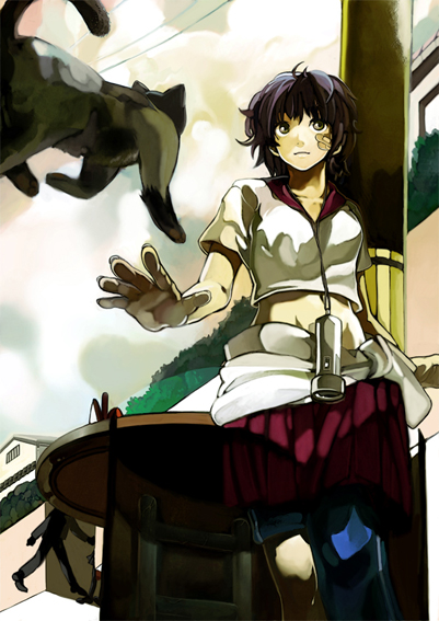 nadashima gy, bandaid, cat, midriff, power lines, school uniform, solo, table