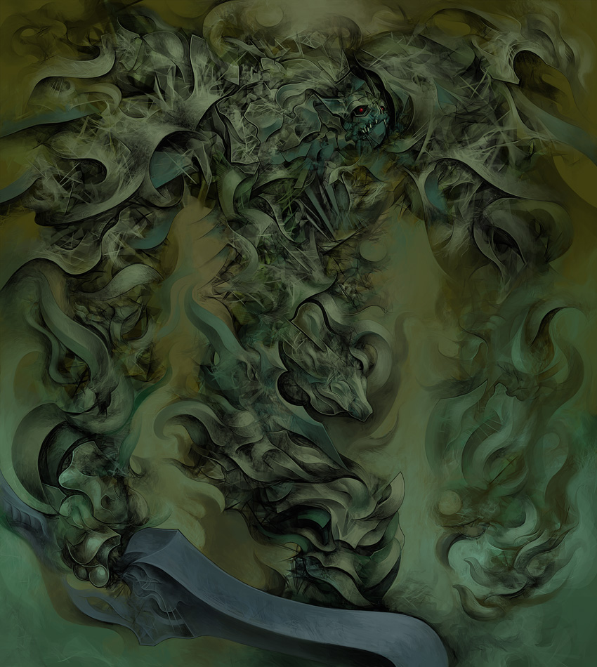 mk (mikka), original, abstract, green theme, monster, no humans, red eyes, sword, weapon