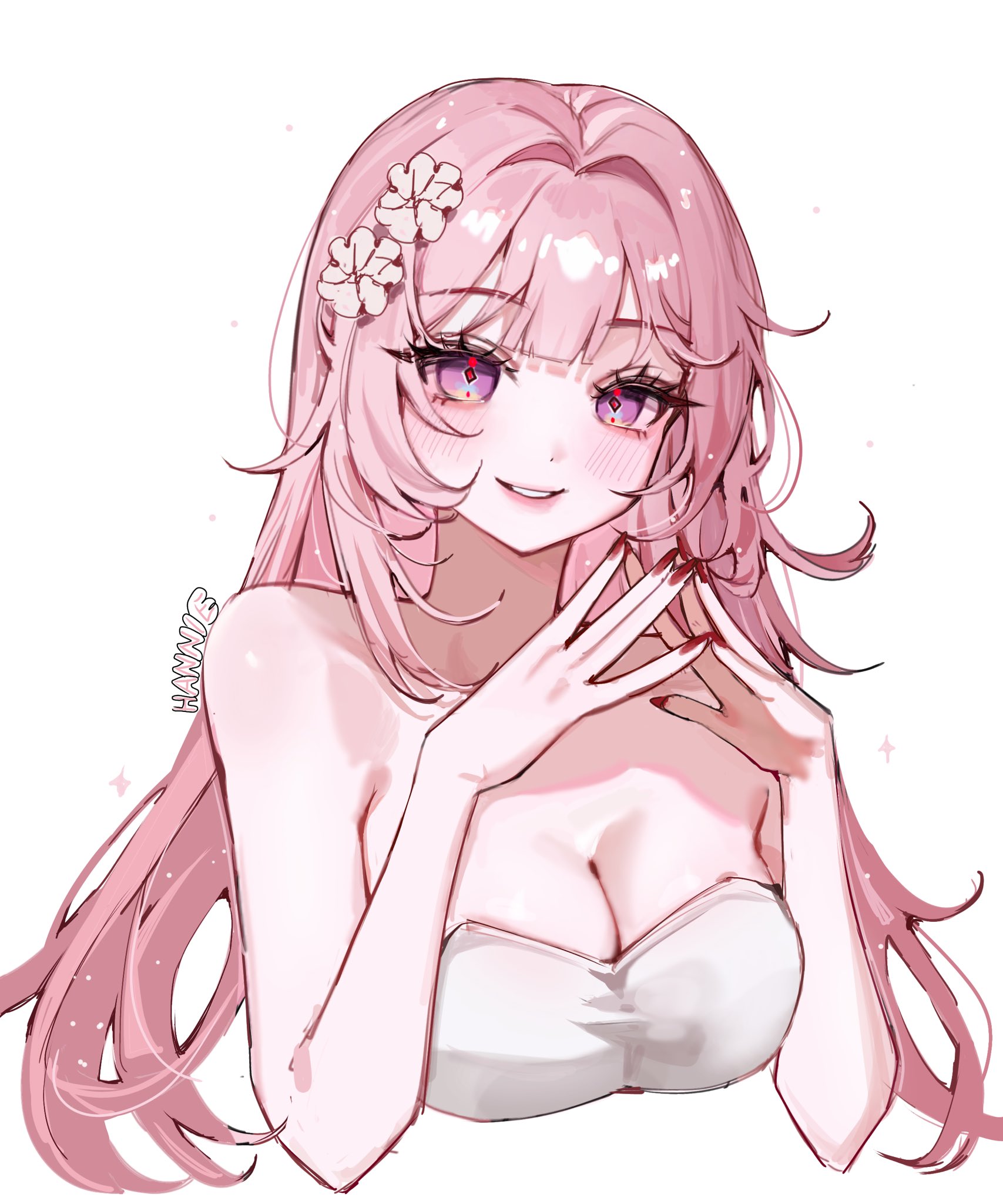 cyrene (honkai: star rail), honkai: star rail, honkai (series), commentary, highres, 1girl, artist name, breasts, cleavage, cropped torso, cyrene (demiurge) (honkai: star rail), diamond-shaped pupils, diamond (shape), flower, hair flower, hair ornament, han 2792, large breasts, long hair, looking at viewer, pink hair, purple eyes, red nails, simple background, solo, symbol-shaped pupils, very long hair, white background