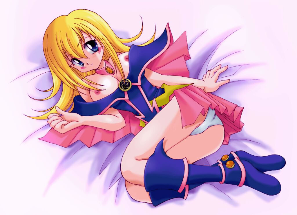 dark magician girl, yu-gi-oh!, yu-gi-oh! duel monsters, 1girl, ass, blonde hair, blue eyes, blush, breasts, duel monster, female focus, large breasts, long hair, nipples, panties, skirt, solo, underwear
