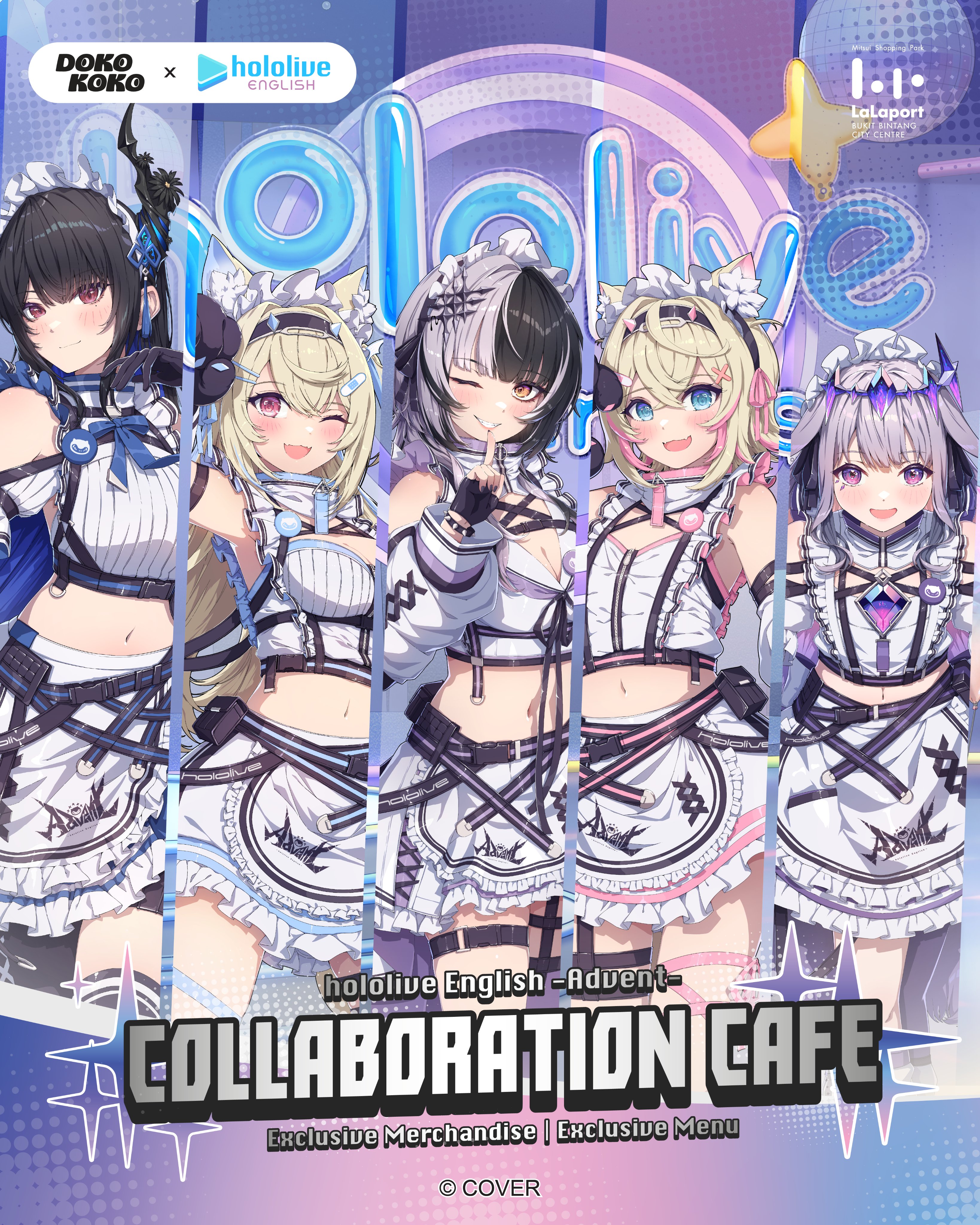 fuwawa abyssgard, koseki bijou, mococo abyssgard, nerissa ravencroft, shiori novella, hololive, hololive english, absurdres, commentary, english commentary, highres, official art, second-party source, 5girls, alternate costume, apron, asymmetrical horns, black hair, blue hair, breasts, cleavage, colored inner hair, demon horns, english text, gem, grey hair, horns, jewel under eye, long hair, looking at viewer, maid, maid apron, maid headdress, mole, mole under eye, multicolored hair, multiple girls, navel, official alternate costume, pink hair, purple eyes, purple hair, red eyes, skirt, smile, split-color hair, two-tone hair, uneven horns, virtual youtuber, yellow eyes