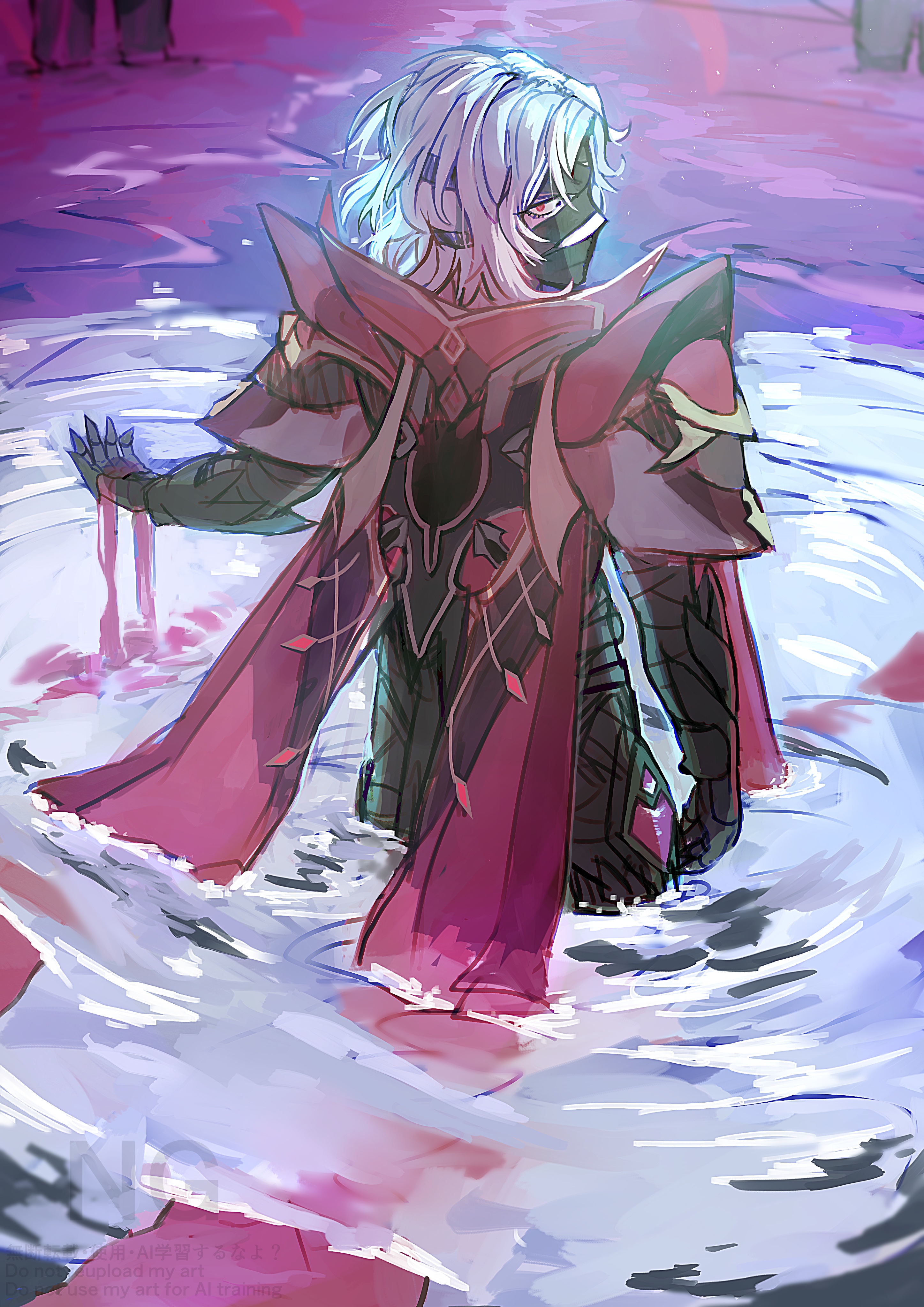 rerir (genshin impact), genshin impact, absurdres, commentary request, highres, 1boy, bandaged head, bandages, covered mouth, gauntlets, looking back, looking to the side, male focus, medium hair, parted hair, pink eyes, ripples, solo, standing, suterun50152, water, white hair