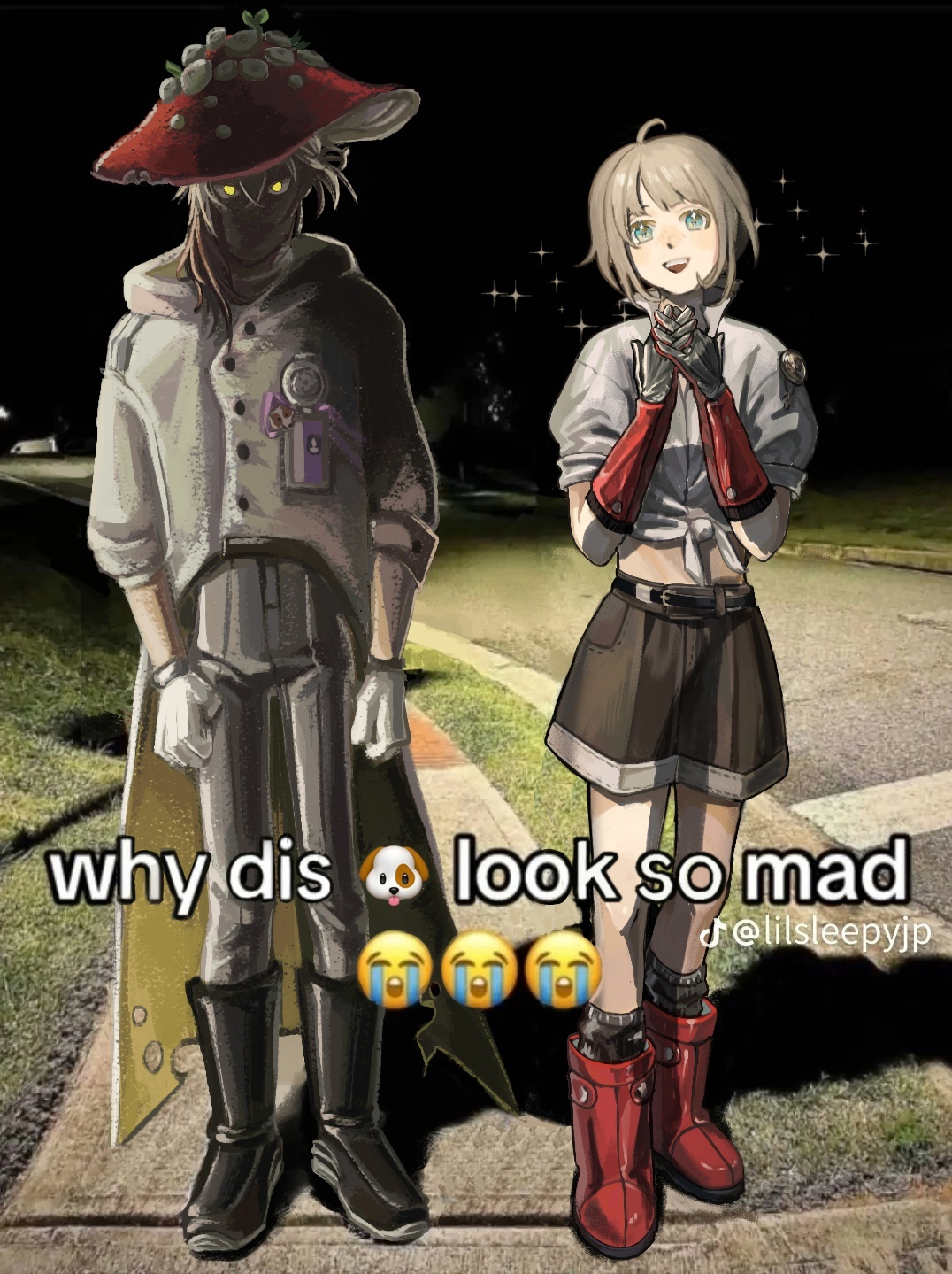 ezra theodore, medicine pocket, reverse:1999, commentary, english commentary, highres, procreate (medium), 1boy, 1other, :d, black boots, black sky, black socks, blonde hair, blue eyes, boots, brown hair, brown shorts, coat, crying emoji, emoji, english text, face in shadow, full body, gloves, glowing, glowing eyes, grey pants, hat, headwear switch, id card, interlocked fingers, meme, midriff, multicolored hair, mushroom hat, night, open mouth, outdoors, own hands together, pants, photo background, red boots, red gloves, red hat, sandkessho, shirt, short hair, shorts, side-by-side, sidewalk, sky, smile, socks, sparkle, standing, tied shirt, white coat, white gloves, white hair, white shirt, why dis ninja look so mad (meme), yellow eyes